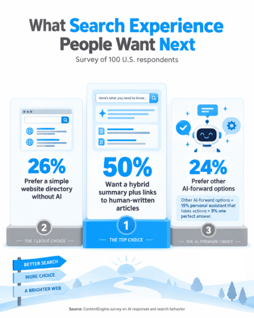 Infographic depicting U.S. respondents' preferred search experiences with AI integration.