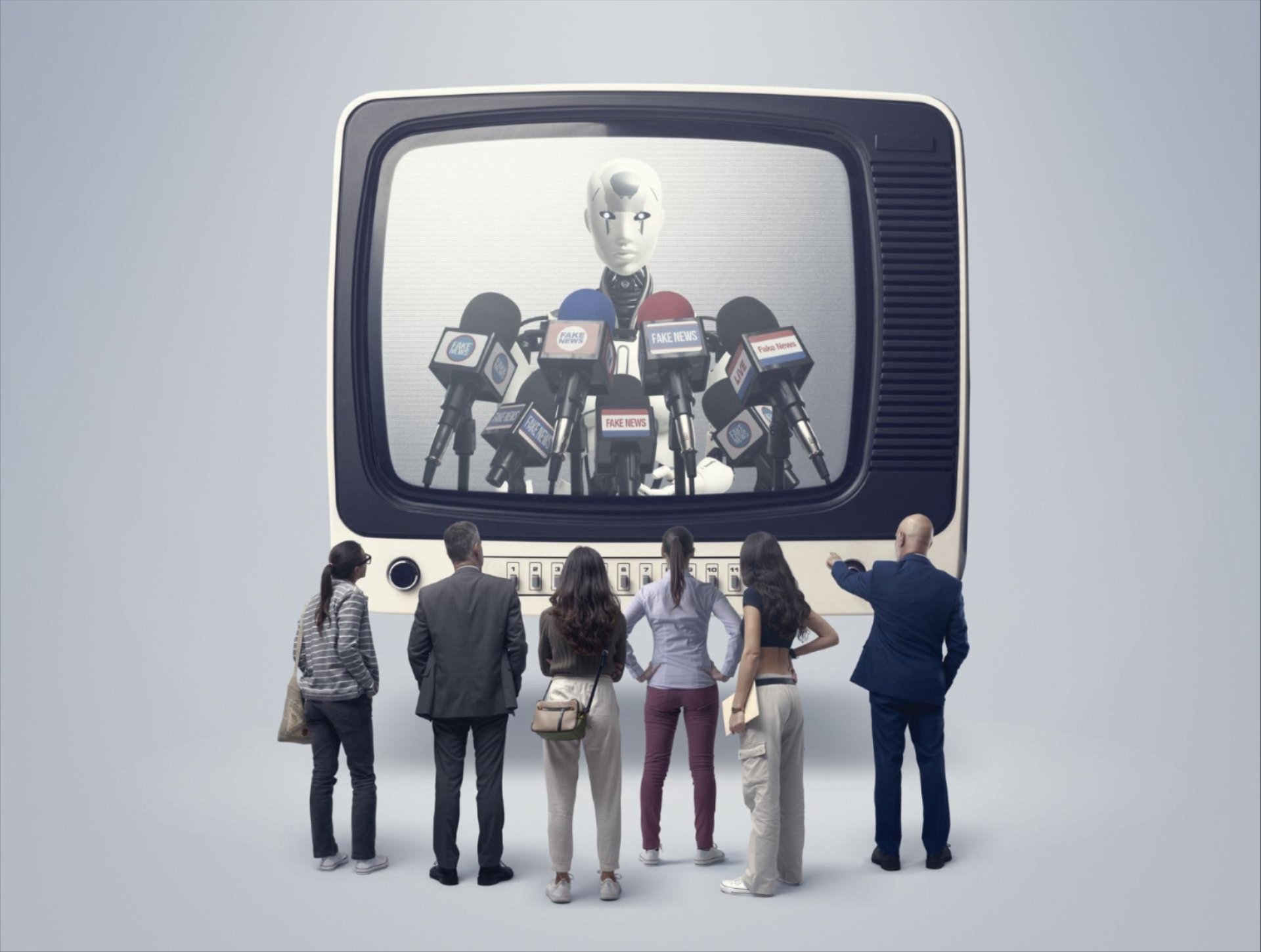 Vintage TV shows robots at a press conference discussing ai misinformation