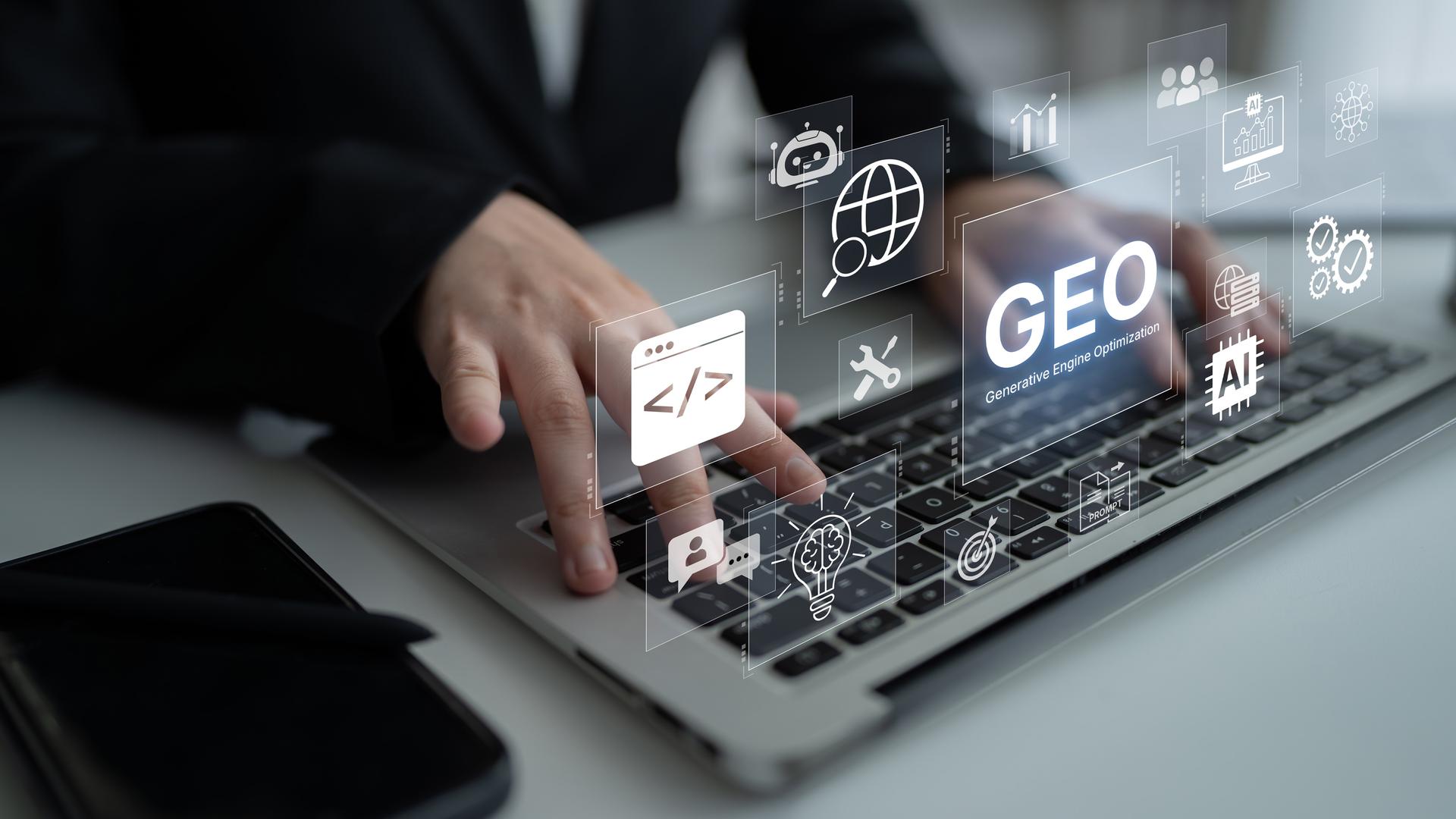 AI Optimization Strategies for SEO Hands typing on a laptop showcasing AI optimization strategies for SEO visibility.
