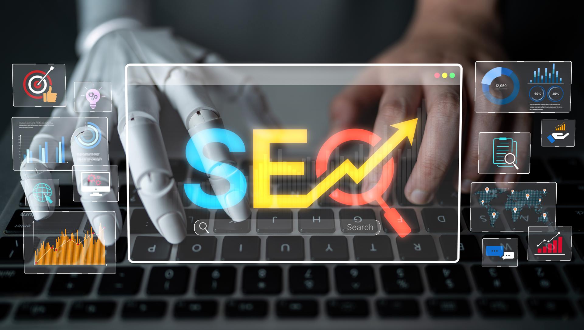 SEO Collaboration for Long-Tail Keyword Strategy A human and robotic hand collaborate on SEO tasks, highlighting the importance of long-tail keywords for better ROI.