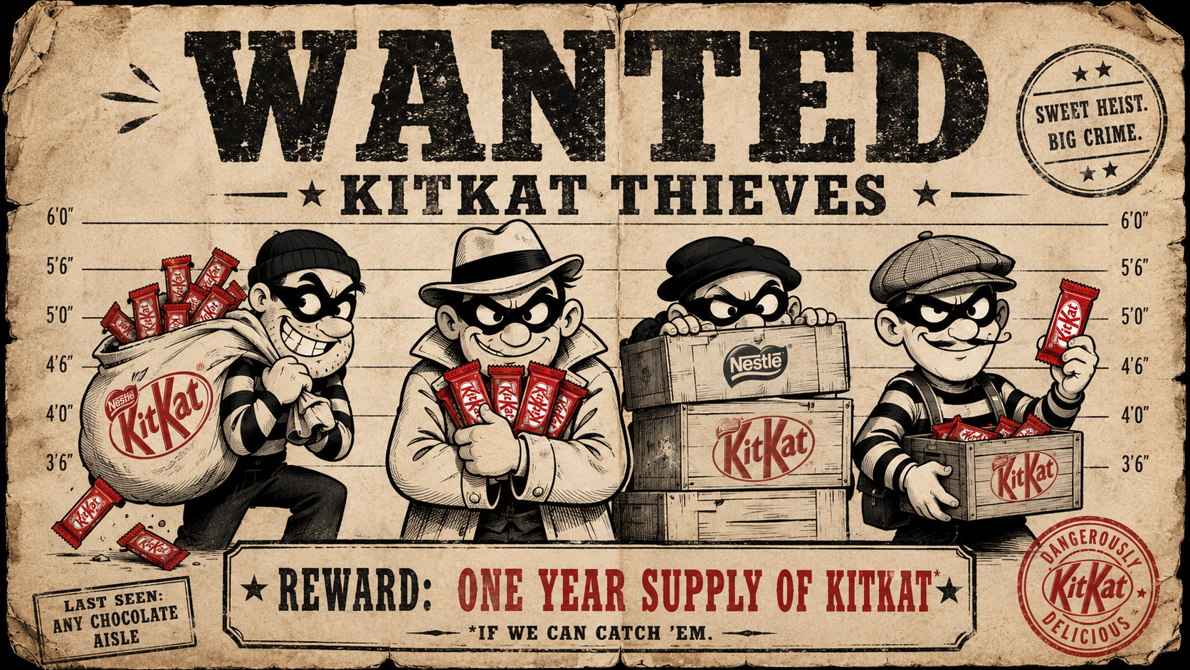 KitKat Thieves Wanted Poster Cartoon wanted poster showing masked KitKat thieves carrying stolen chocolate bars and branded boxes