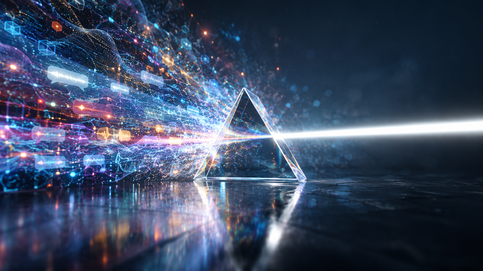 Abstract data streams passing through a prism, representing social listening signals being filtered into focused reactive marketing content.