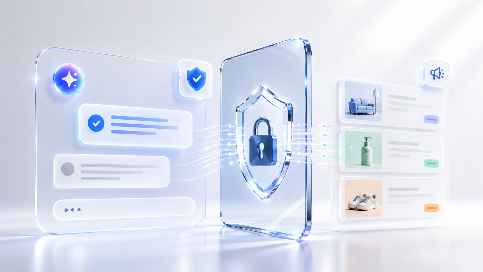 AI Advertising and Consumer Trust AI advertising interface with a secure privacy barrier separating trusted answers from sponsored product recommendations