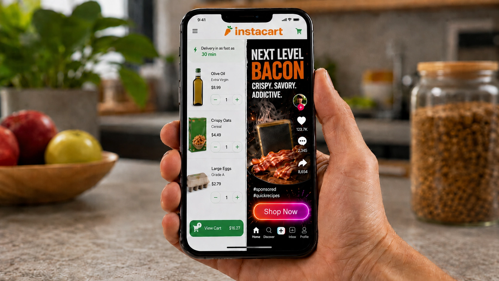 Hand holding a smartphone showing an Instacart-style grocery app split with a clean shopping cart interface and a TikTok-like bacon ad feed with a Shop Now button.
