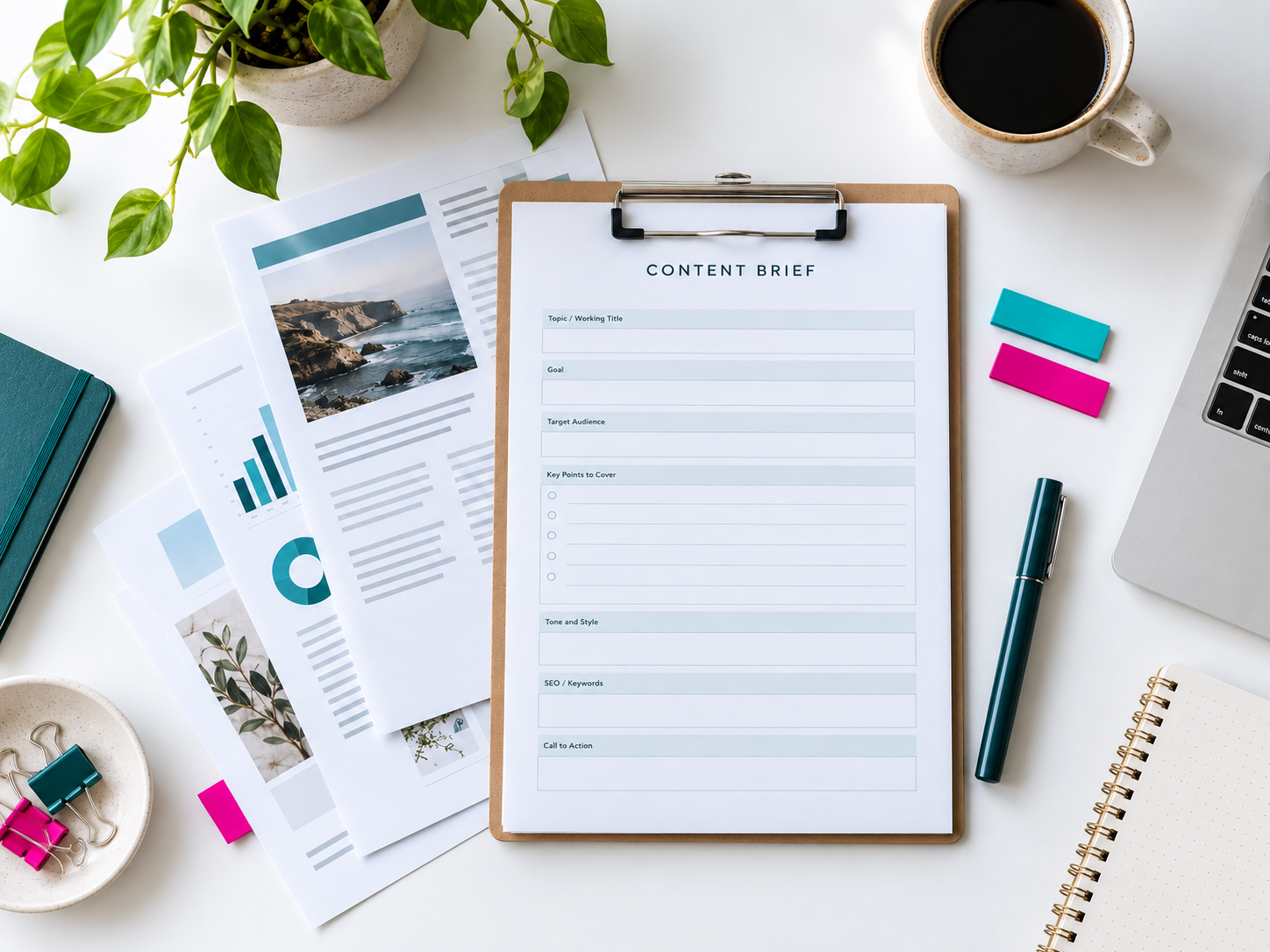 Content brief on a clipboard beside research papers, a pen and teal and magenta tabs on a white desk.
