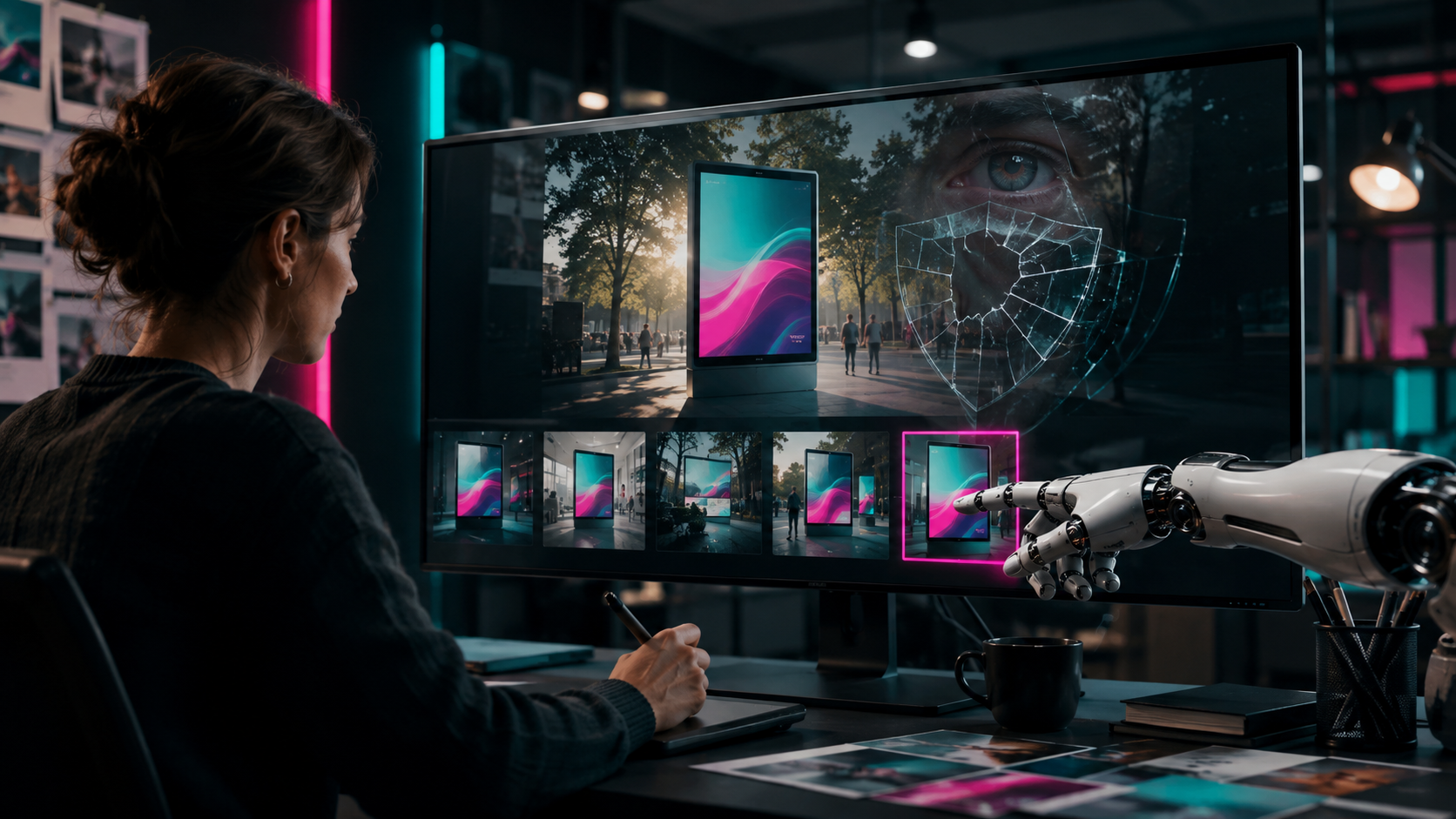 AI-Generated Ads, Human Design and Consumer Trust Human designer reviewing AI-generated advertising concepts as a robotic hand selects an ad beside a fractured trust symbol.