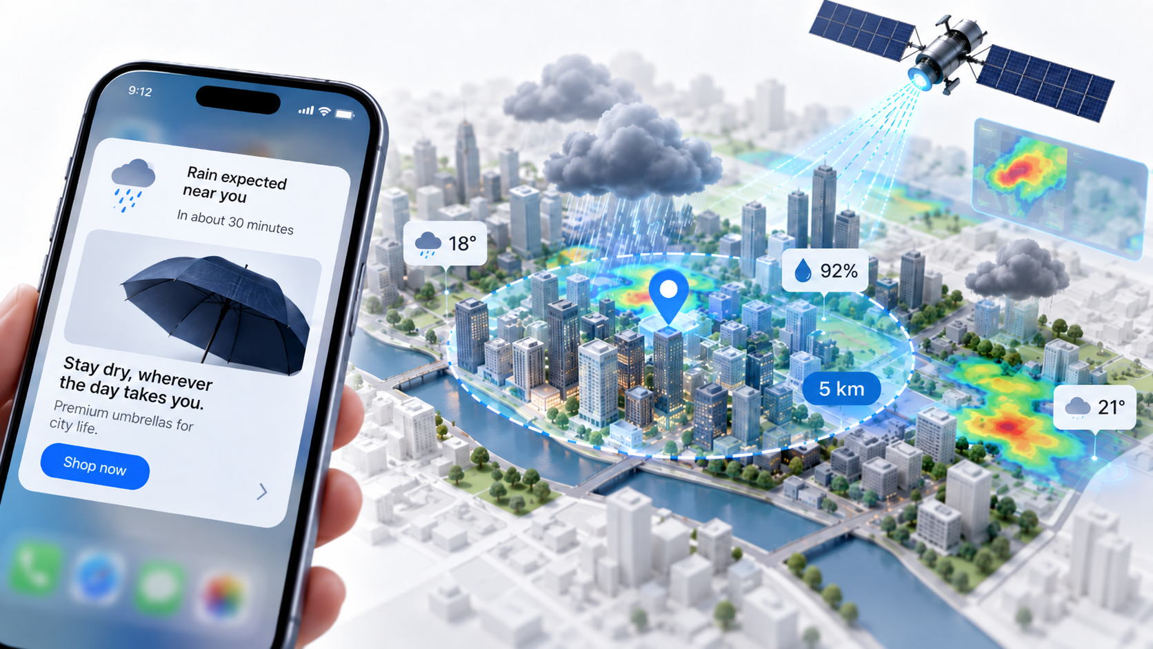 Smartphone showing a rain-triggered umbrella ad beside a hyper-local AI weather forecast over a city