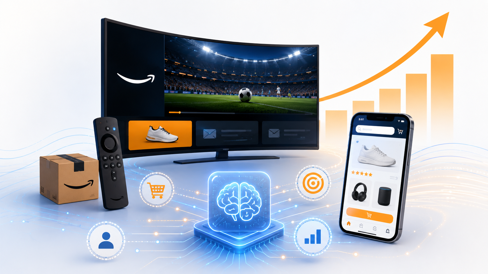 Amazon's AI-Native Advertising Ecosystem Amazon advertising ecosystem connecting Prime Video, ecommerce data, AI targeting, and revenue growth