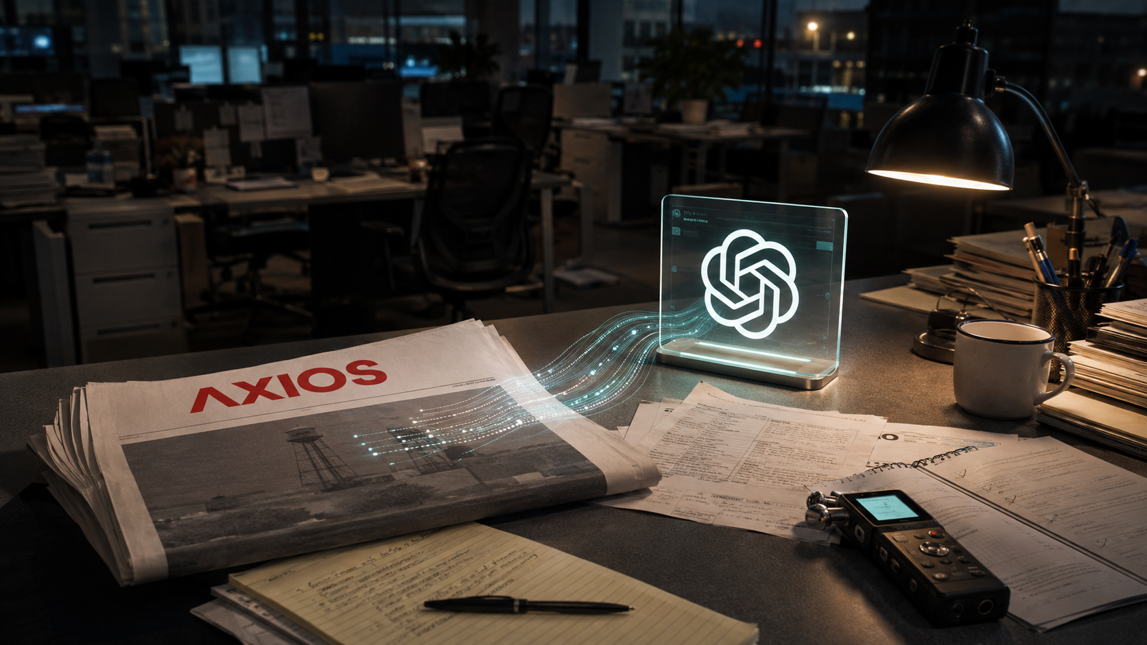 Axios newspaper beside an OpenAI interface in an empty local newsroom, representing AI-assisted journalism.
