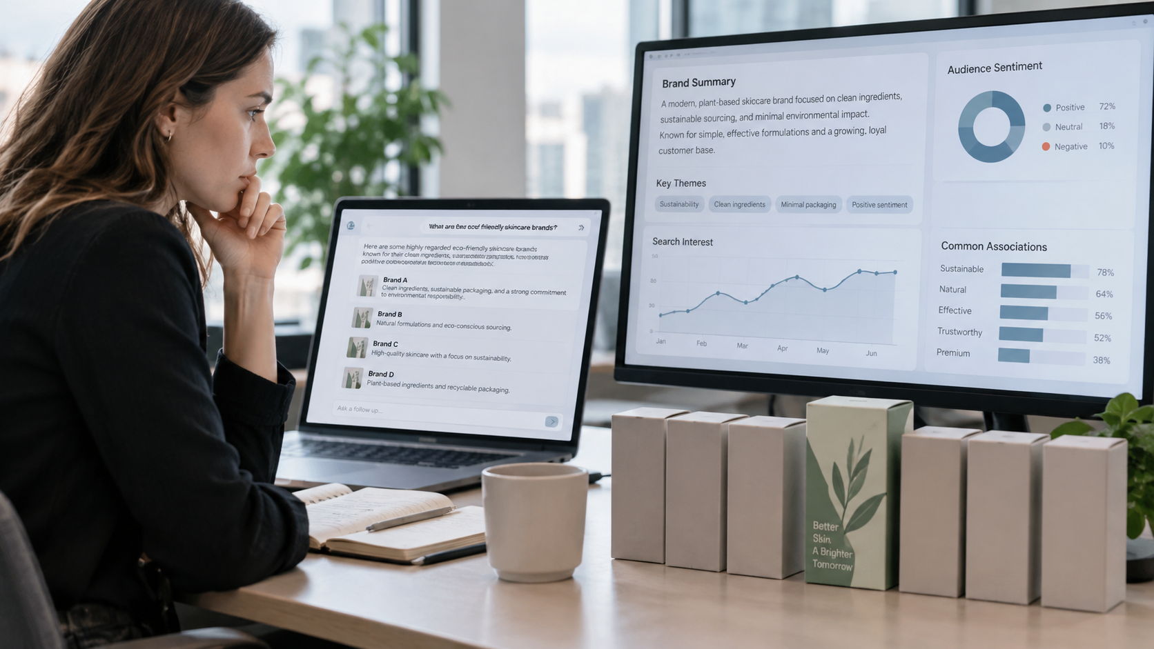 AI Brand Identity and Representation Marketing professional reviewing how AI systems summarize and represent competing brands