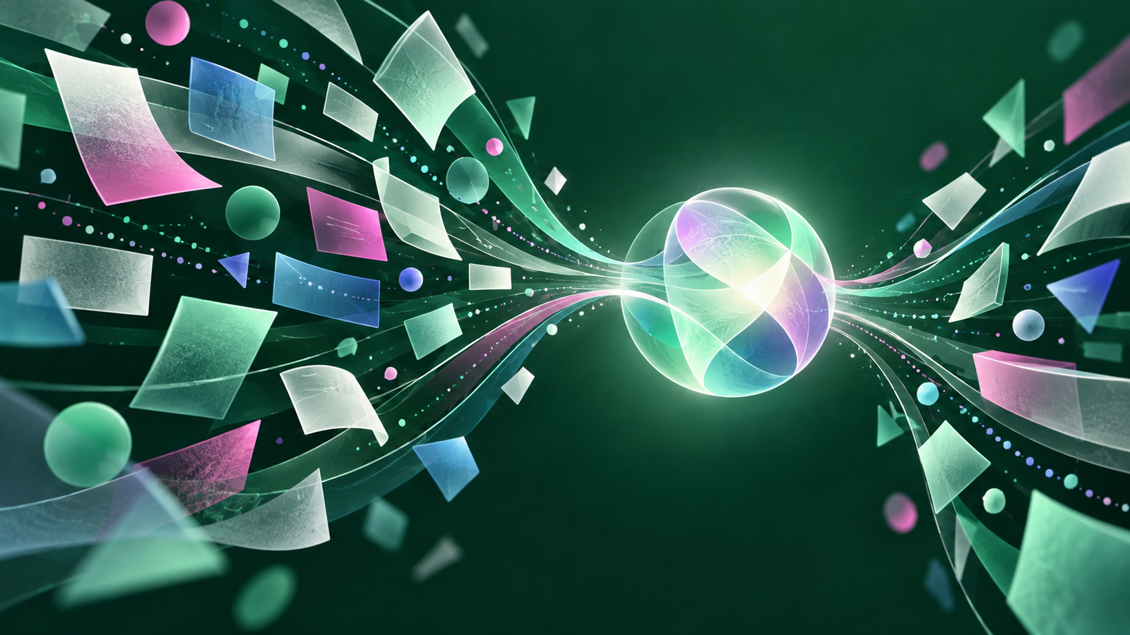 Finding Complete Answers Across Search, AI and Social Media Abstract teal, magenta and purple information fragments flowing together into one luminous, complete form.