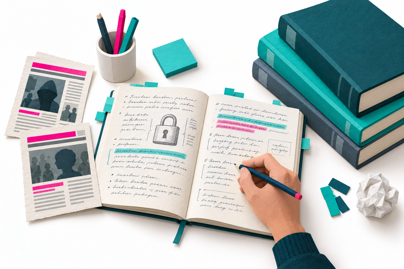 Hand annotating a notebook with a padlock sketch, beside news clippings and reference books.