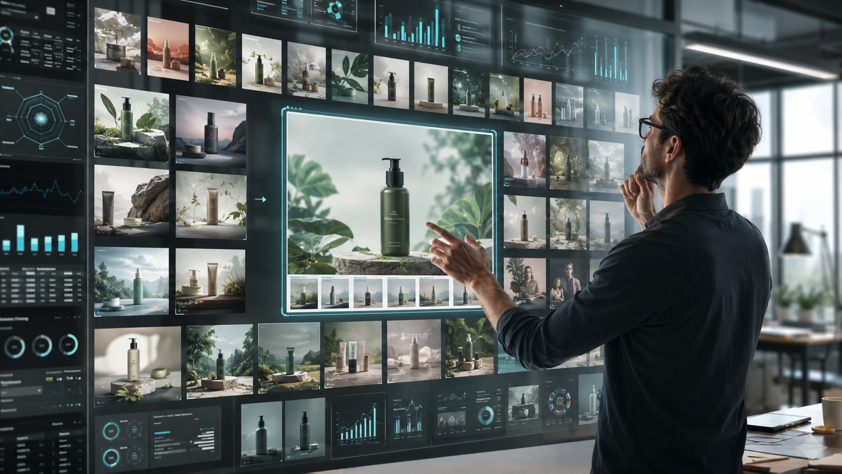 AI Advertising and Brand Distinctiveness Marketer reviewing AI-generated advertising concepts, campaign variations and performance data in a digital workspace