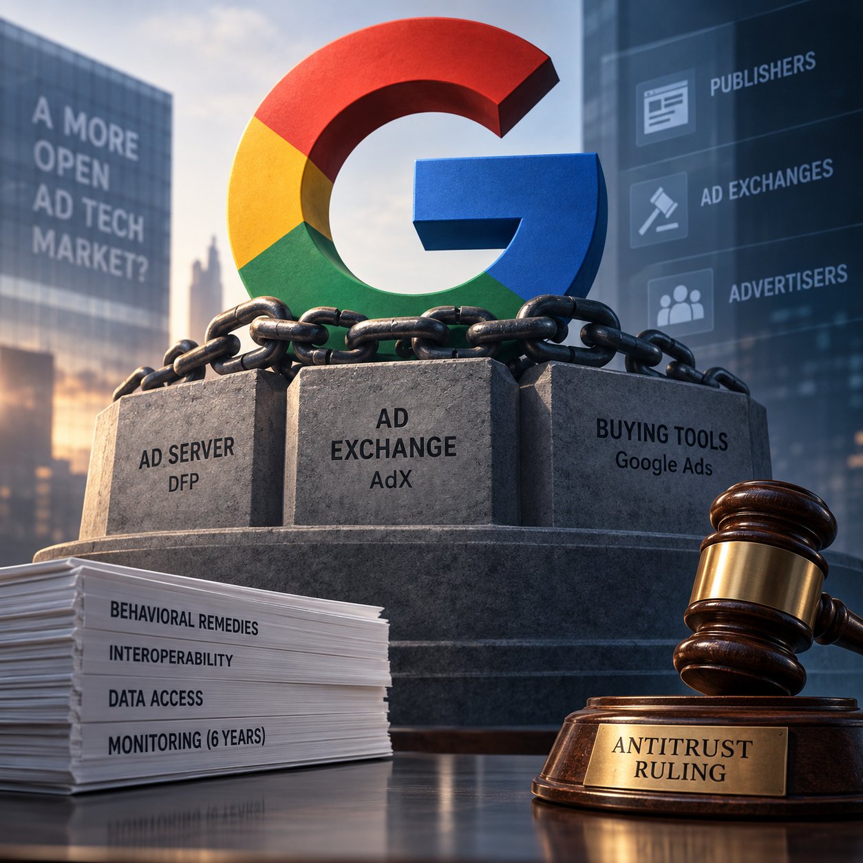 Google Ad Tech Antitrust Remedies and Market Structure Google ad tech antitrust remedies represented by the Google logo, ad tech infrastructure, chains, and a judge's gavel