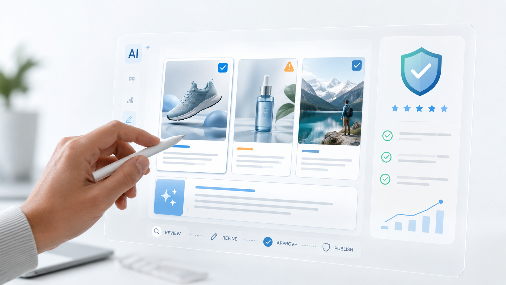 A user engages with a digital interface to refine AI-generated product content, emphasizing the human touch in AI oversight