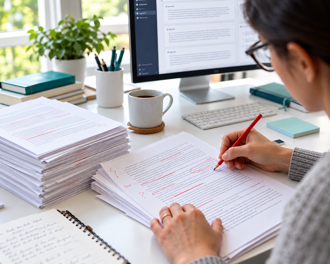 Editor marking corrections on a printed draft beside a stack of documents and an AI writing interface.