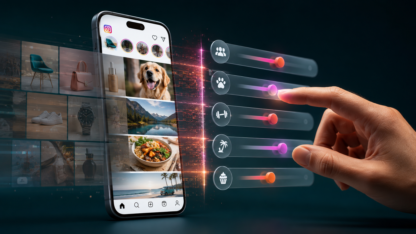 Instagram Algorithm Controls and Organic Reach User adjusting Instagram algorithm topic controls as brand posts are filtered from the feed
