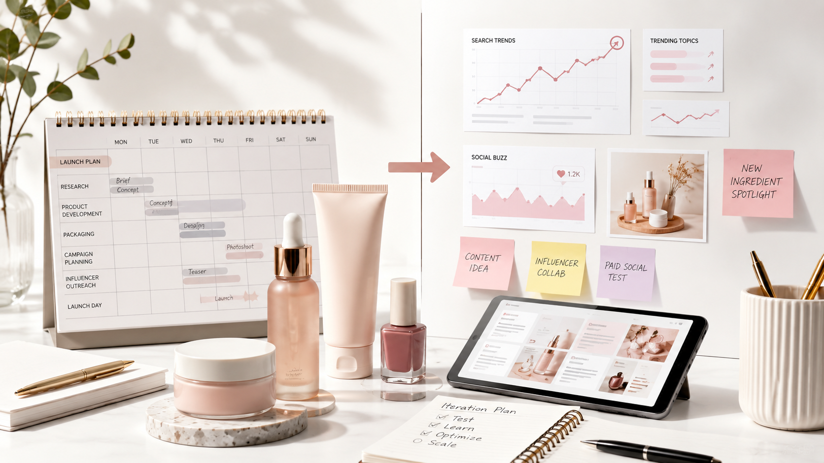 Workspace showing a marketing launch plan with skincare products and digital trends analysis.