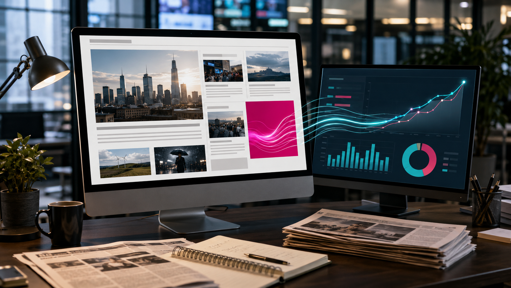 News website connected to advertising performance dashboards in a modern marketing workspace