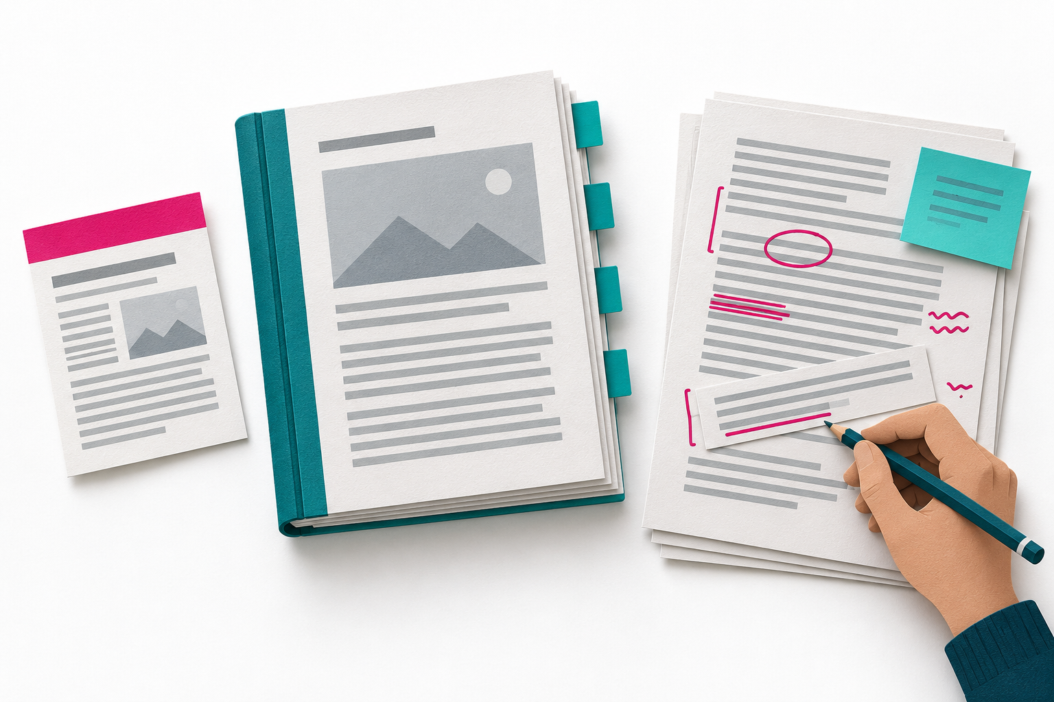 Short post draft, substantial guide, and existing article being revised with a pencil.