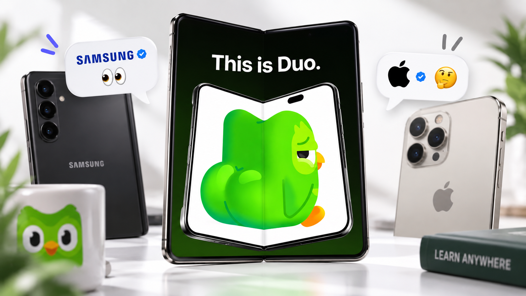 Reactive Marketing Example Featuring Duolingo, Samsung and Apple Foldable screen showing Duolingo's "This is Duo" image, flanked by Samsung and Apple phones in a featured image about reactive marketing and brand voice.