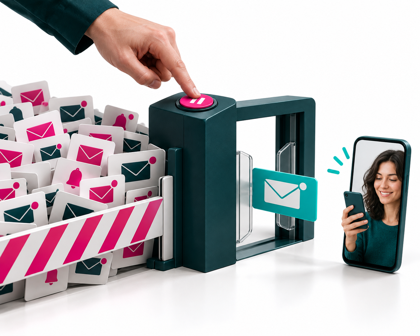 Hand operates a gate holding back marketing notifications while one selected message passes through toward a customer's phone.
