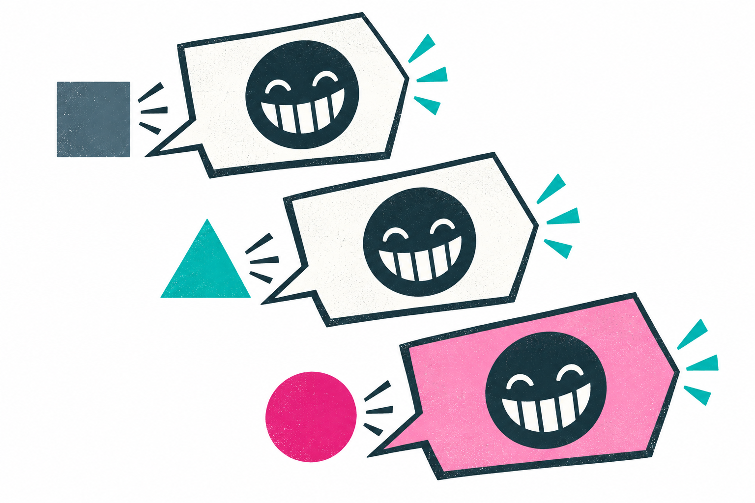 Three colorful speech bubbles representing brands attempting to contribute to conversations but often echoing instead.