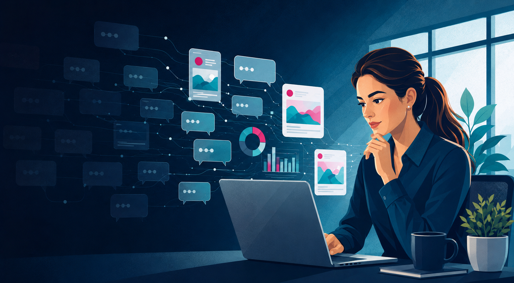AI Advertising Analysis in Modern Workspace Woman analyzing digital ads and data analytics for AI advertising strategies