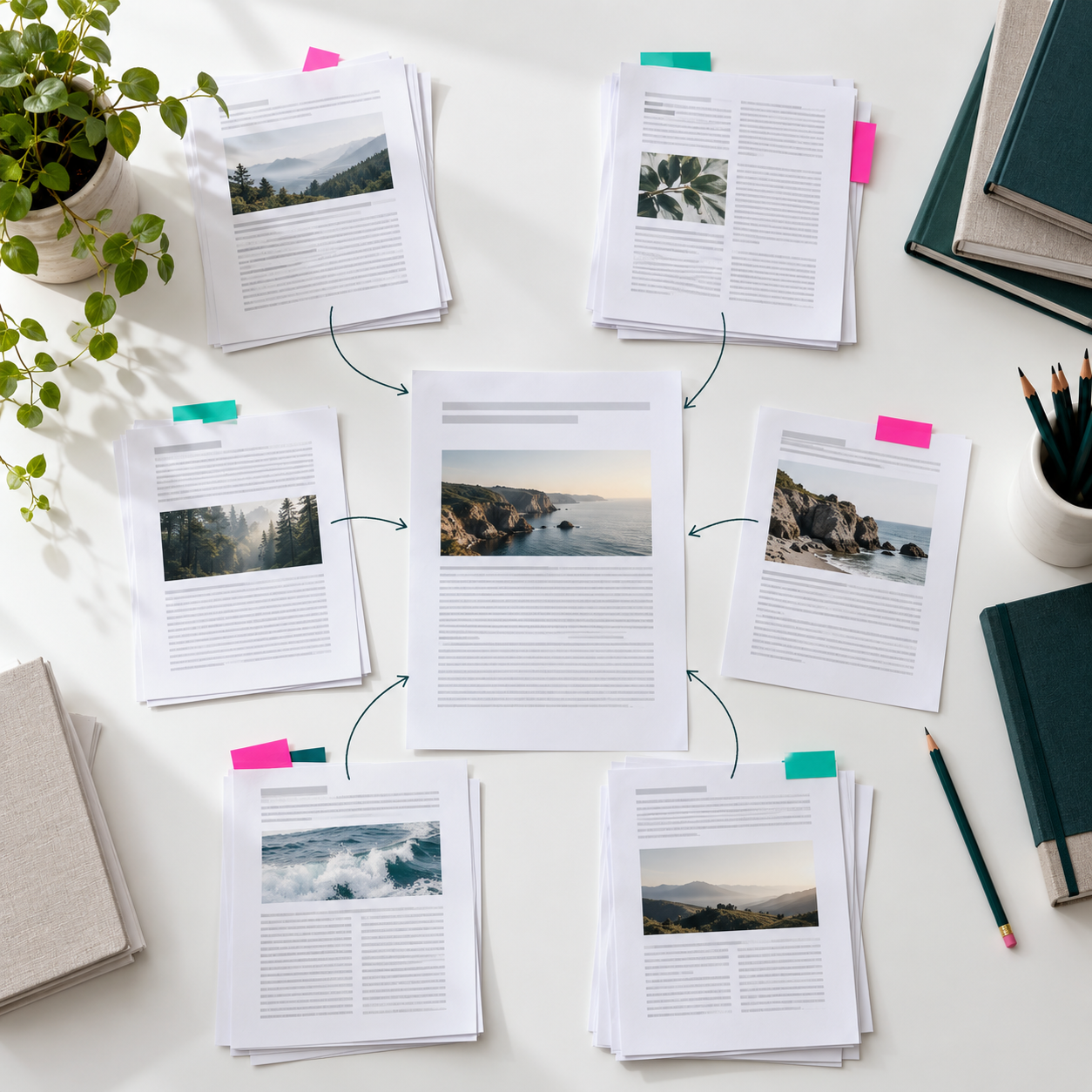 Printed research pages arranged around a central article to represent connected coverage of a subject
