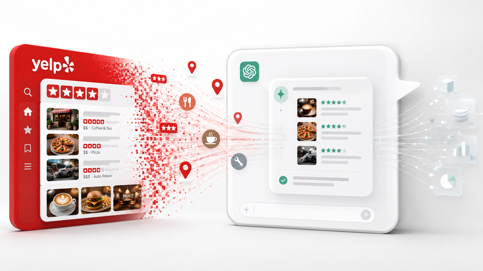 Yelp reviews and local business data flowing into a ChatGPT response