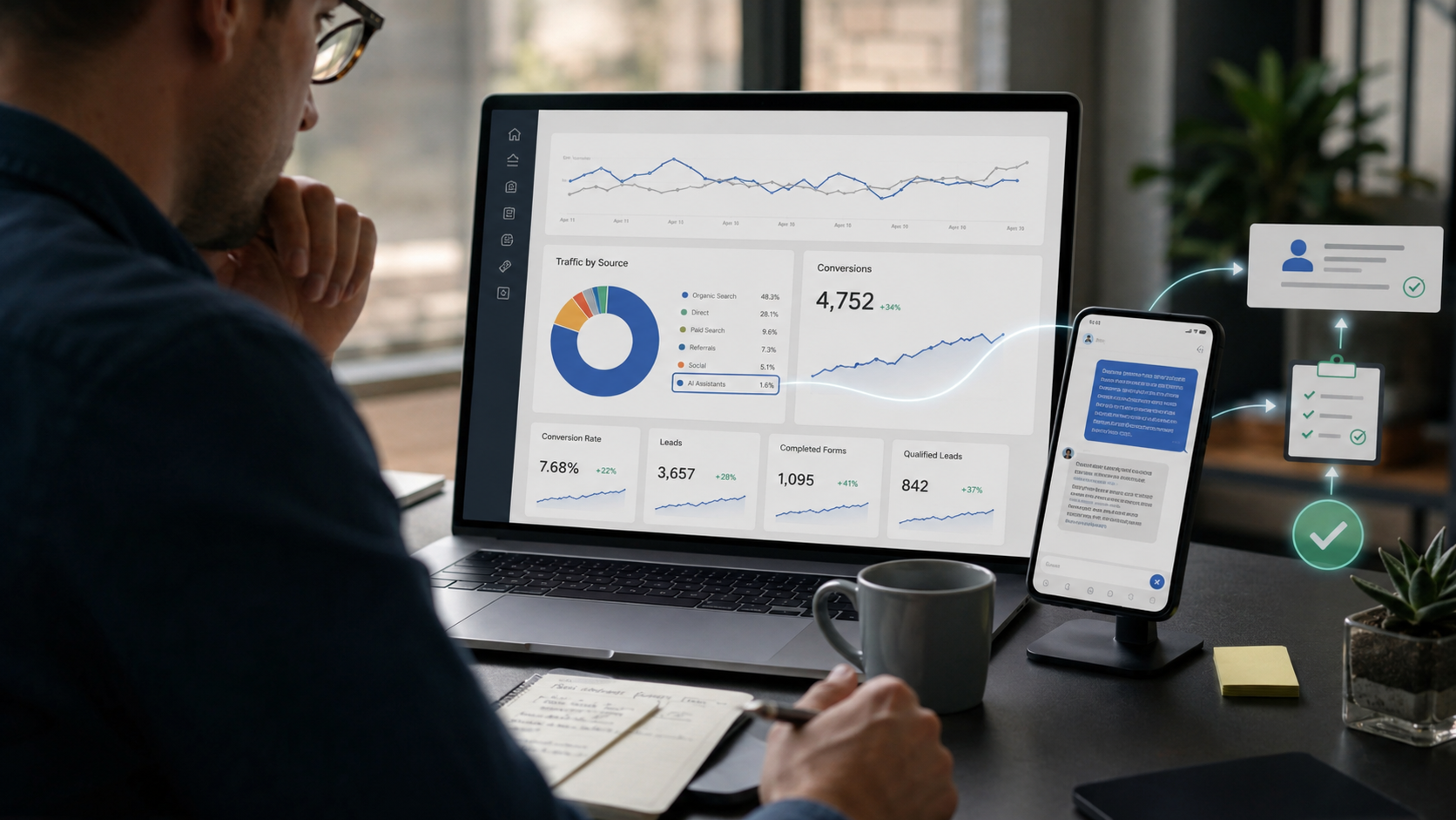 Marketer reviewing analytics showing low AI referral traffic and a disproportionately high number of conversions.