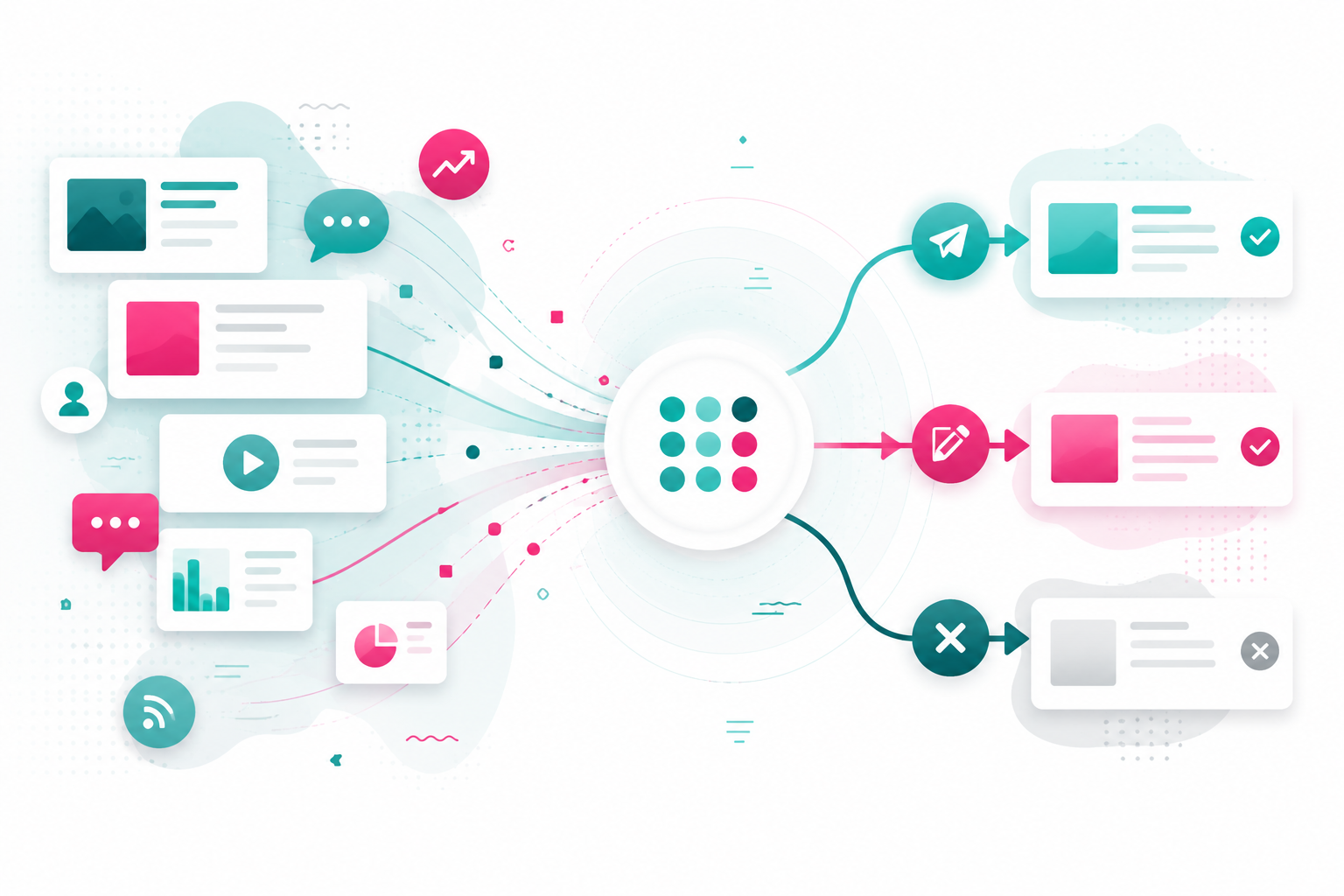 Abstract marketing signals flowing into a decision framework for evaluating real-time content opportunities and brand responses.