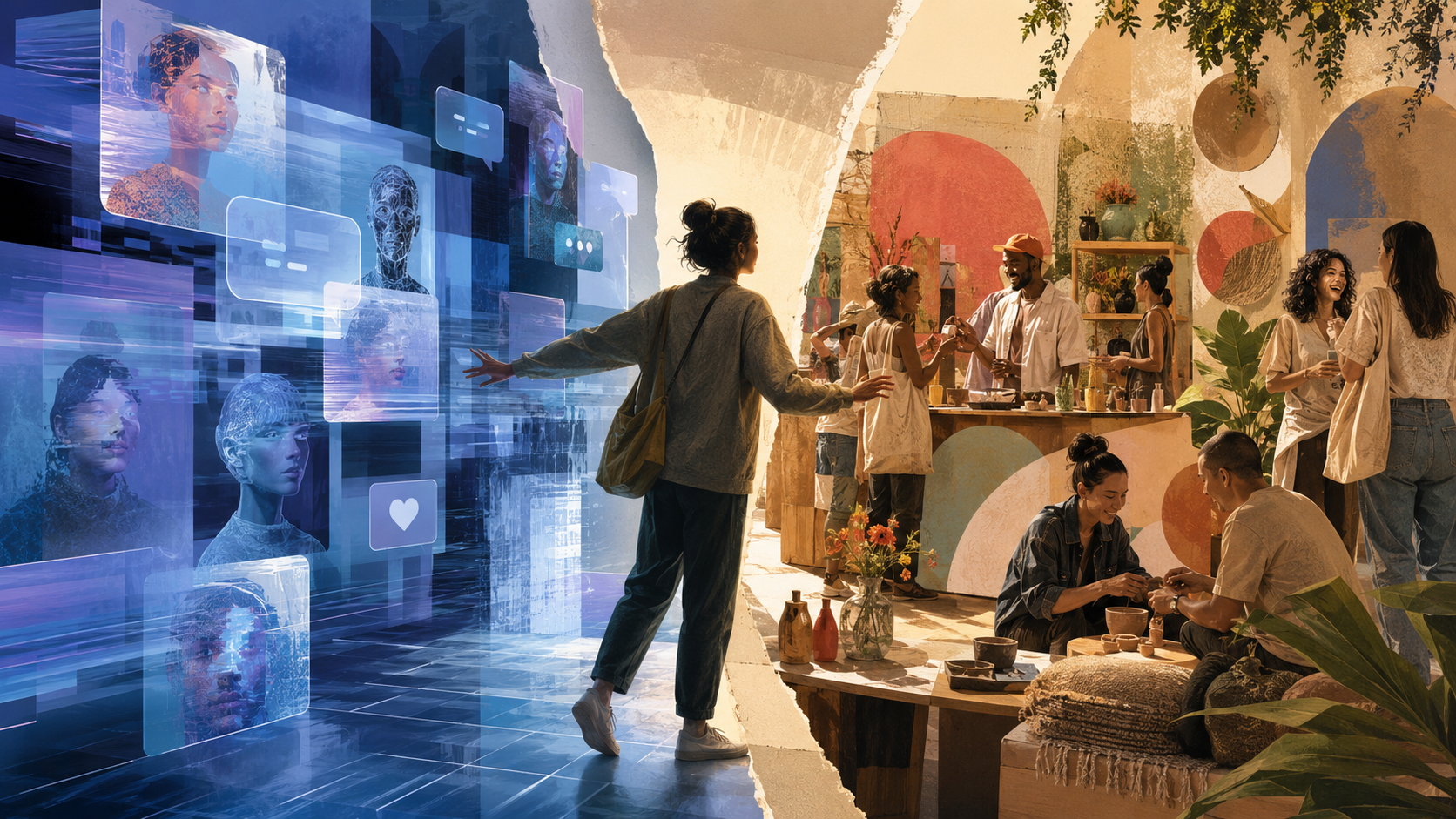 From Synthetic Content to Human Trust oman stepping from a synthetic AI-driven digital world into a warm physical space filled with real people and human interaction.
