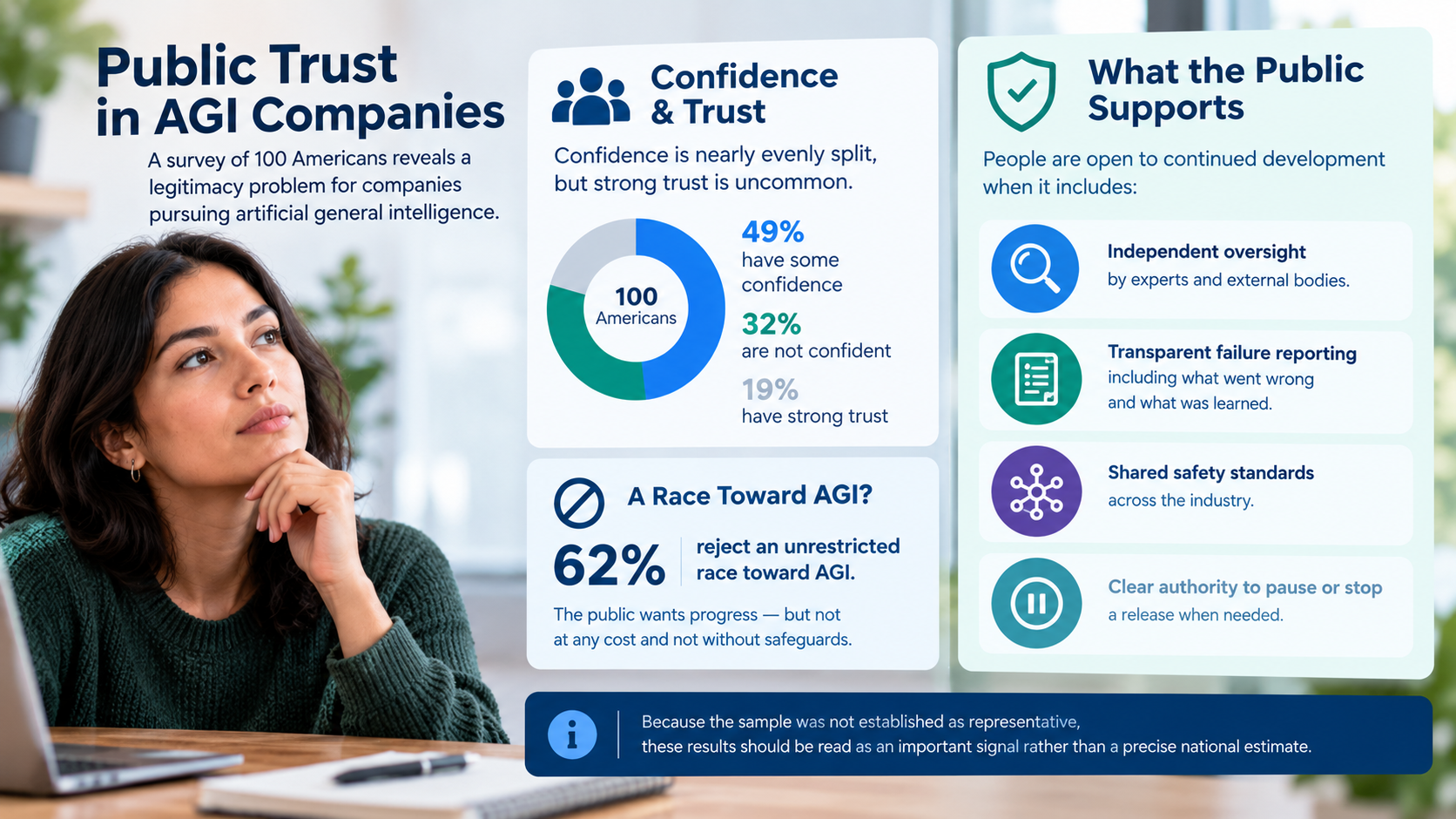 Infographic showing limited public trust in AGI companies and support for independent AI safety oversight.