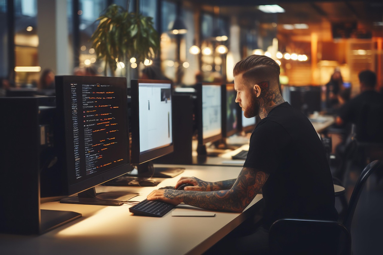 AI developer programming on multiple monitors, highlighting cybersecurity concerns.