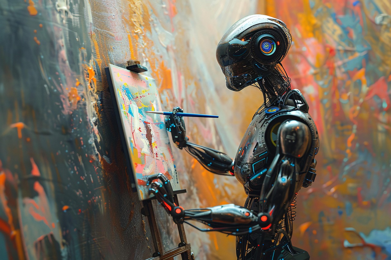 Robot painting on a canvas, illustrating OpenAI's Dot working autonomously between prompts.