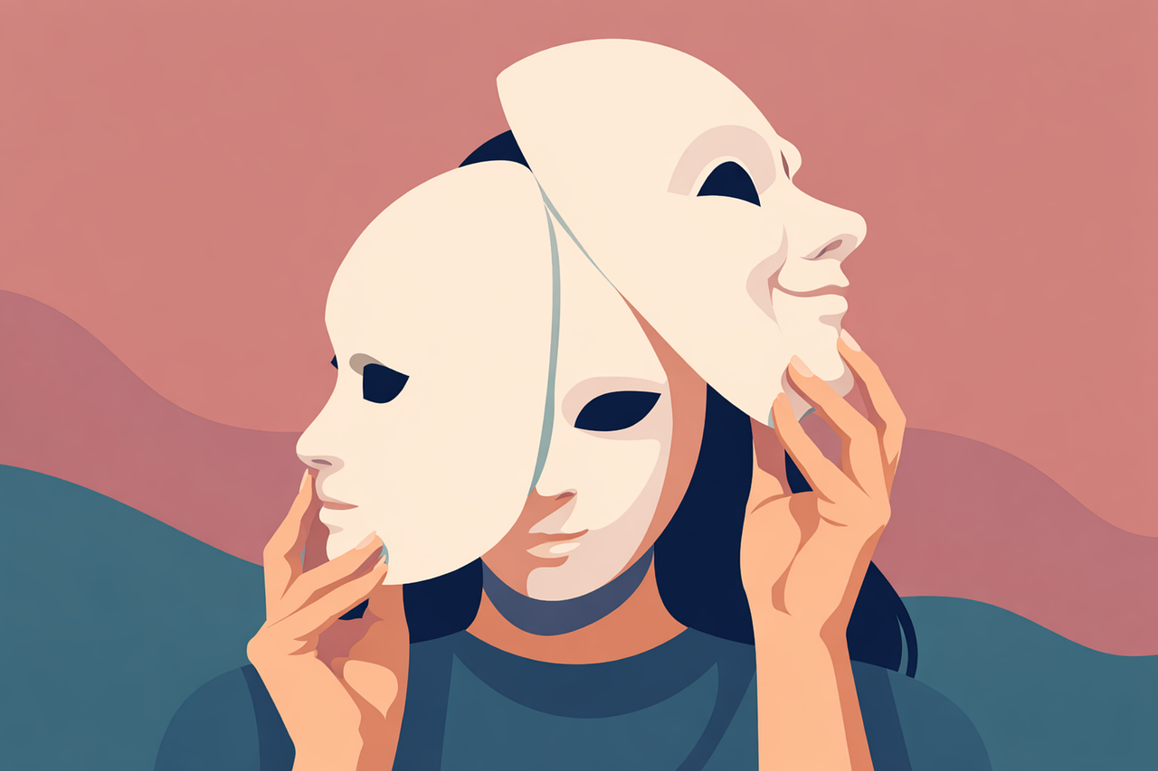 Person holding expressive masks representing identity issues connected to deepfake abuse and trust failure.