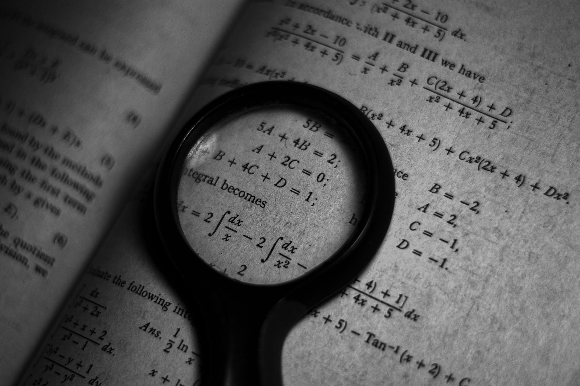 Magnifying glass examining mathematical formulas, reflecting scrutiny of OpenAI's AI-generated proofs
