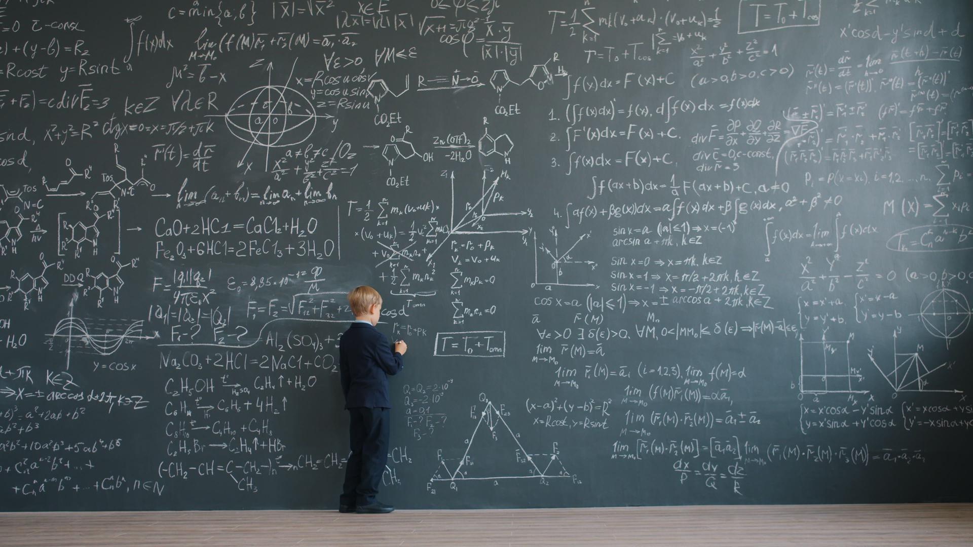 Young Child Solving Math Problems with AI Agents A young child in a suit demonstrates problem-solving on a chalkboard, symbolizing human intuition in math as AI agents advance.